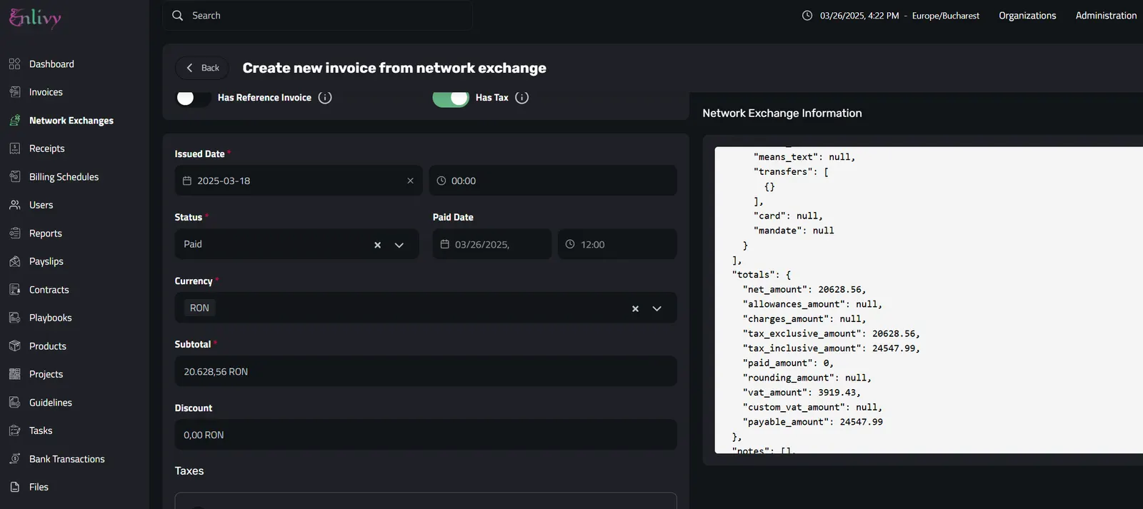 Completed fields when adding the invoice