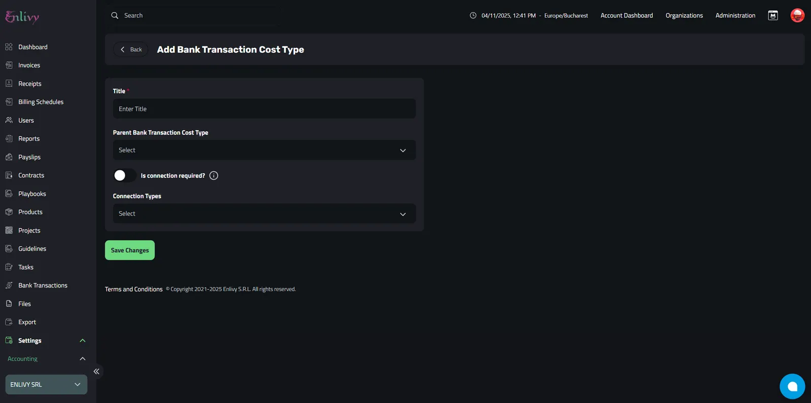 Adding Bank Transaction Cost Types — Bank Transactions — Enlivy Docs