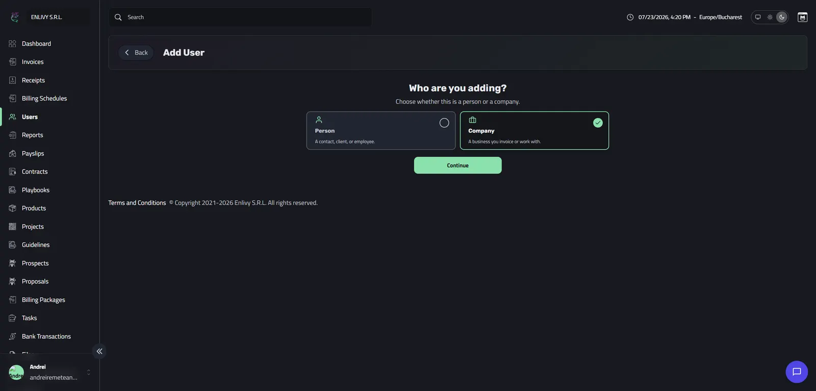 The Add User step asking Who are you adding, with Person and Company cards and Company selected