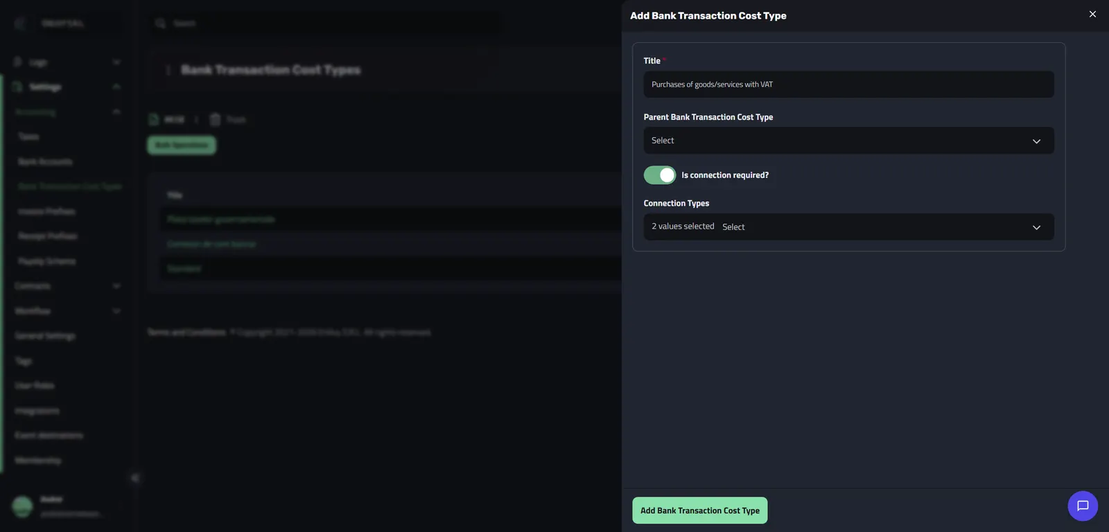 The Add Bank Transaction Cost Type dialog filled in with the title Purchases of goods/services with VAT, connection required enabled, and two connection types selected