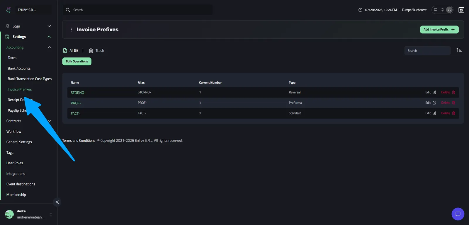 The Invoice Prefixes dashboard in Enlivy listing the three default prefixes FACT-, PROF- and STORNO- with their types