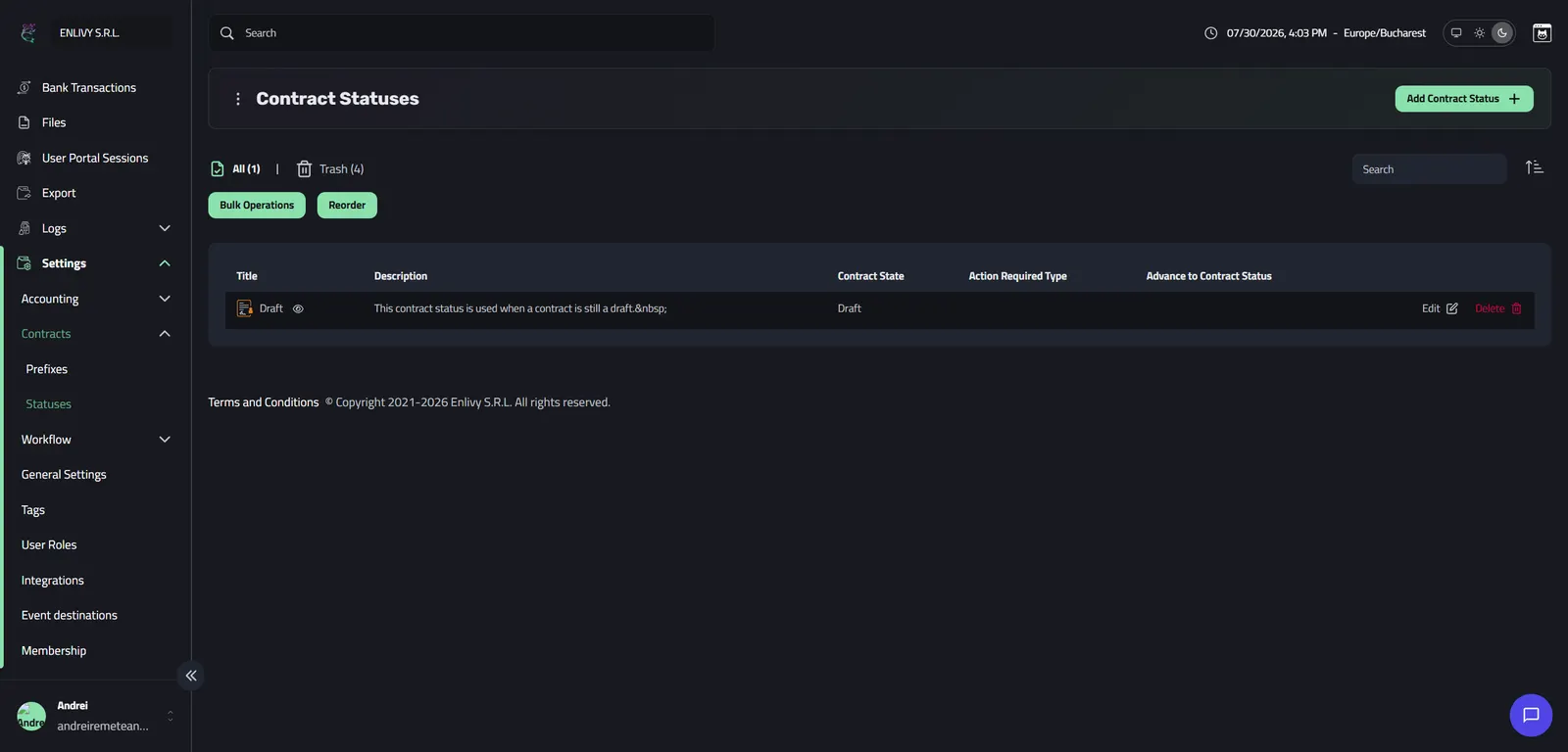 The Contract Statuses dashboard listing the new Draft status with its description and Draft contract state, next to Bulk Operations and Reorder buttons