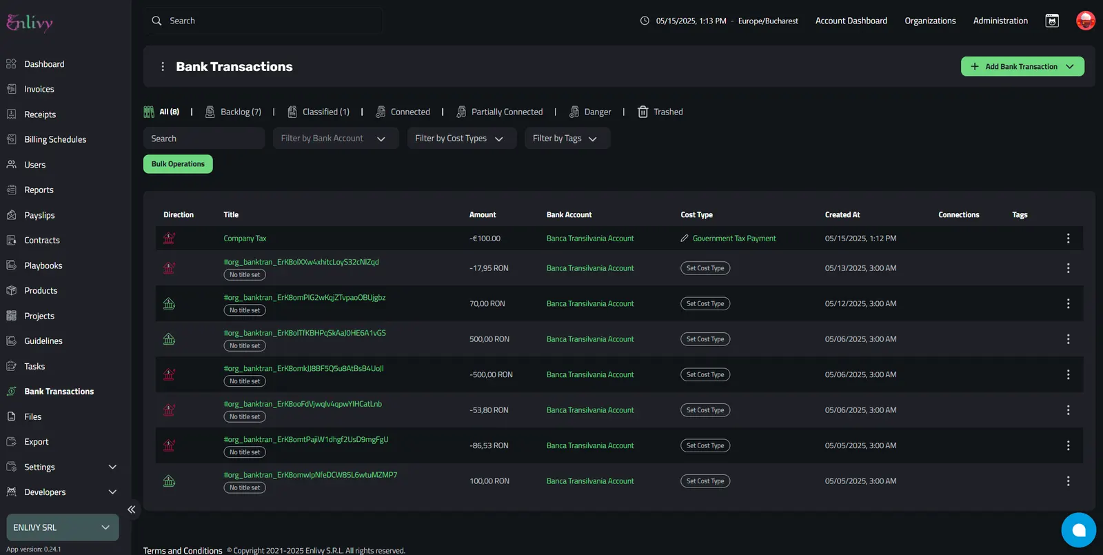 Example of how the new bank transactions appear in the Bank Transactions Dashboard.
