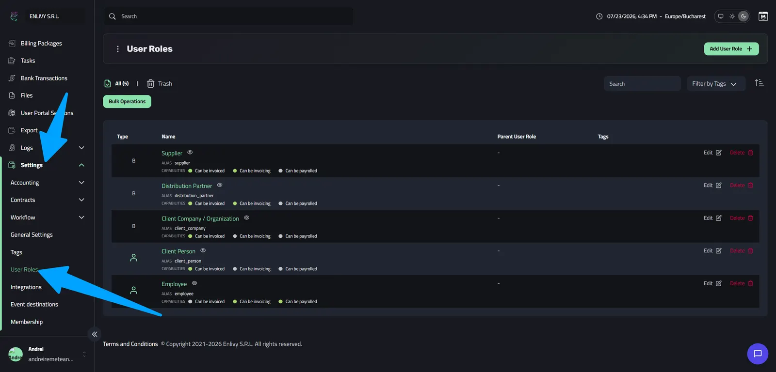The User Roles settings page listing the default roles — Supplier, Distribution Partner, Client Company, Client Person and Employee — with their aliases and capabilities