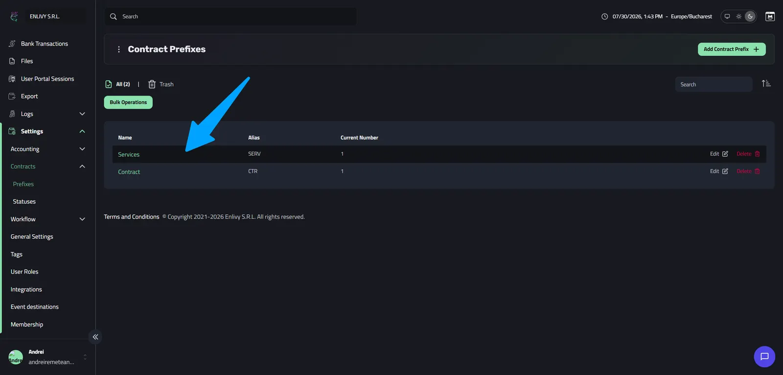 The Contract Prefixes dashboard showing two prefixes: the new Services series with alias SERV and the default Contract with alias CTR