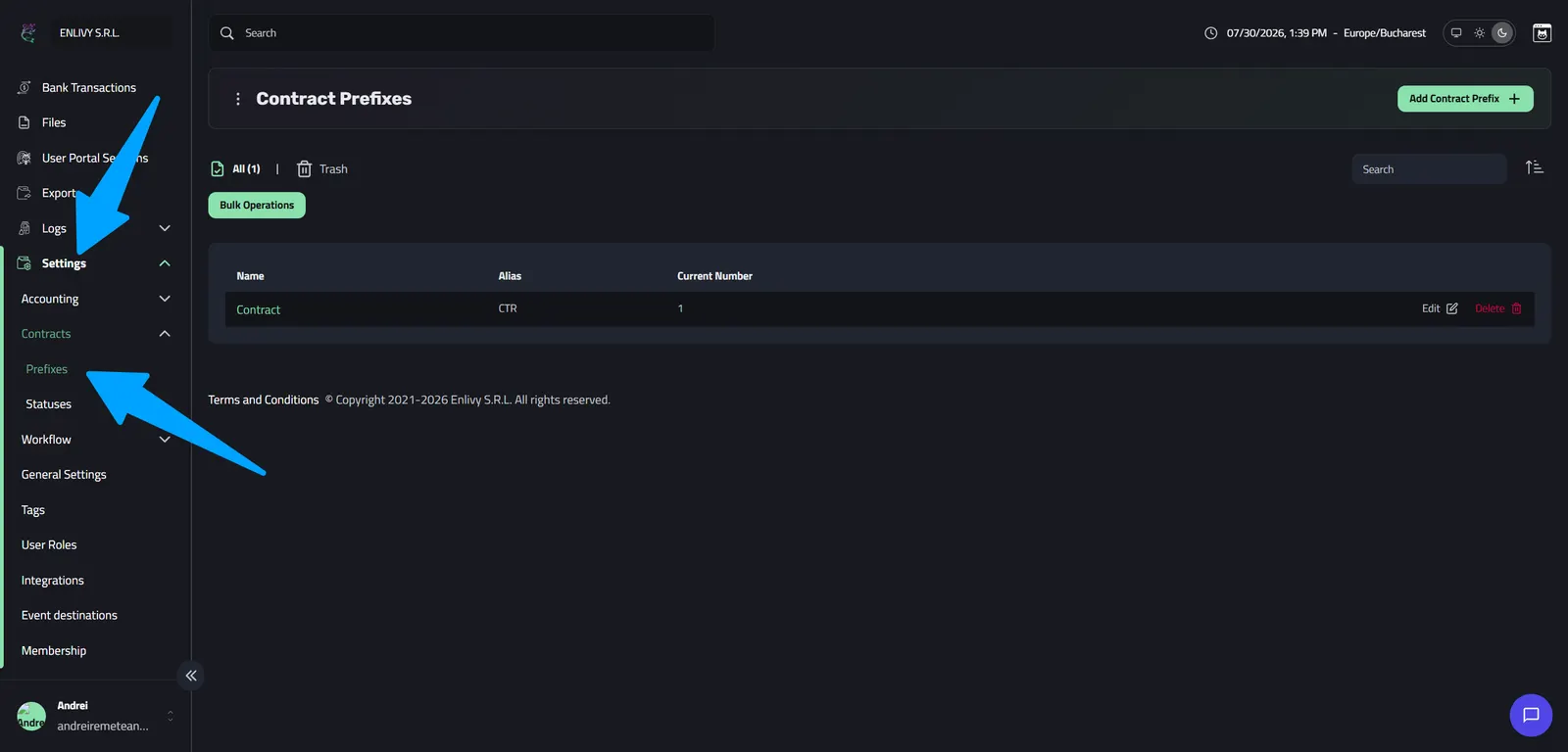 The Contract Prefixes dashboard in Enlivy showing the default Contract prefix with the alias CTR and current number 1