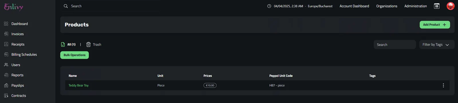 how the product dashboard looks after having one product