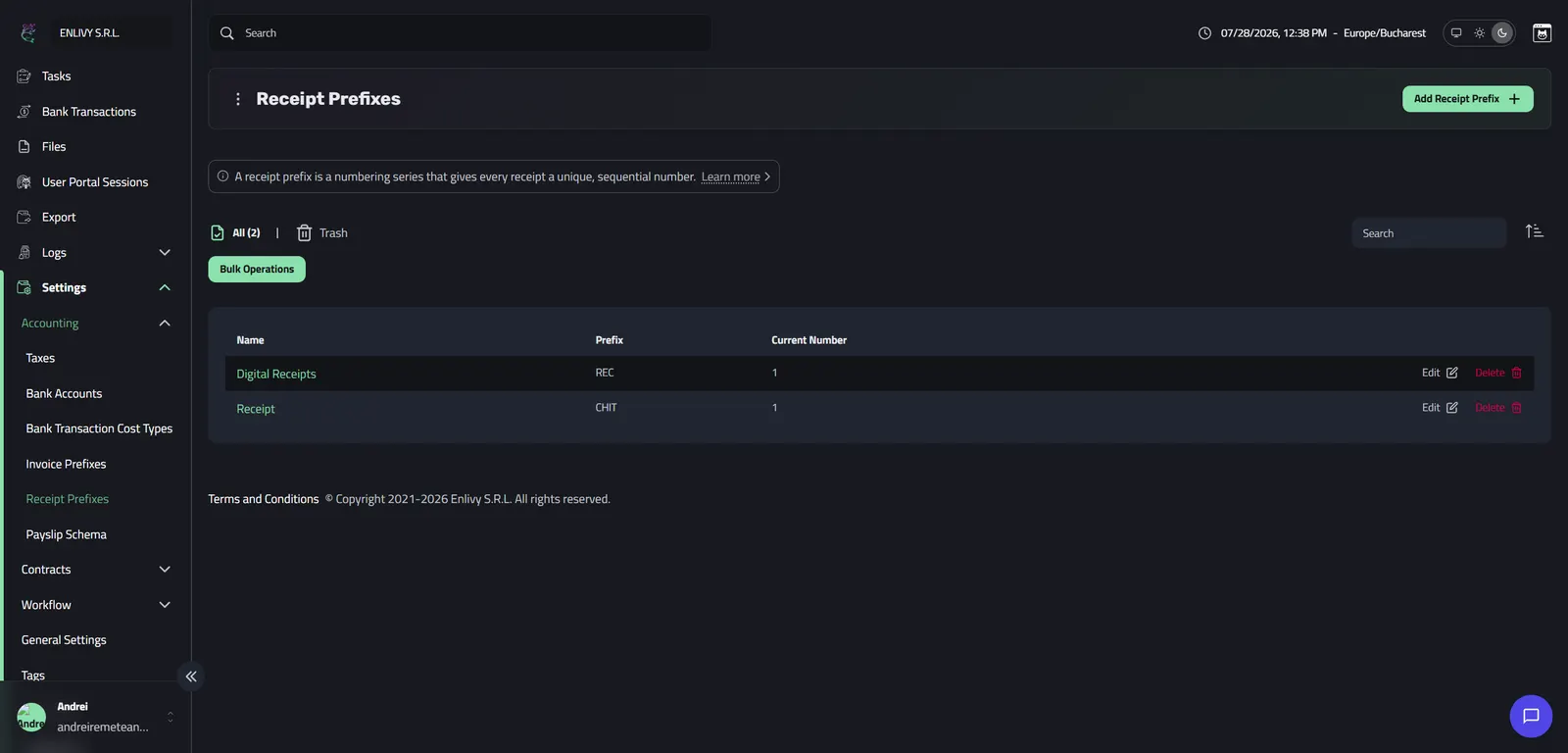 The Receipt Prefixes dashboard showing two prefixes: the new Digital Receipts with alias REC and the default Receipt with alias CHIT