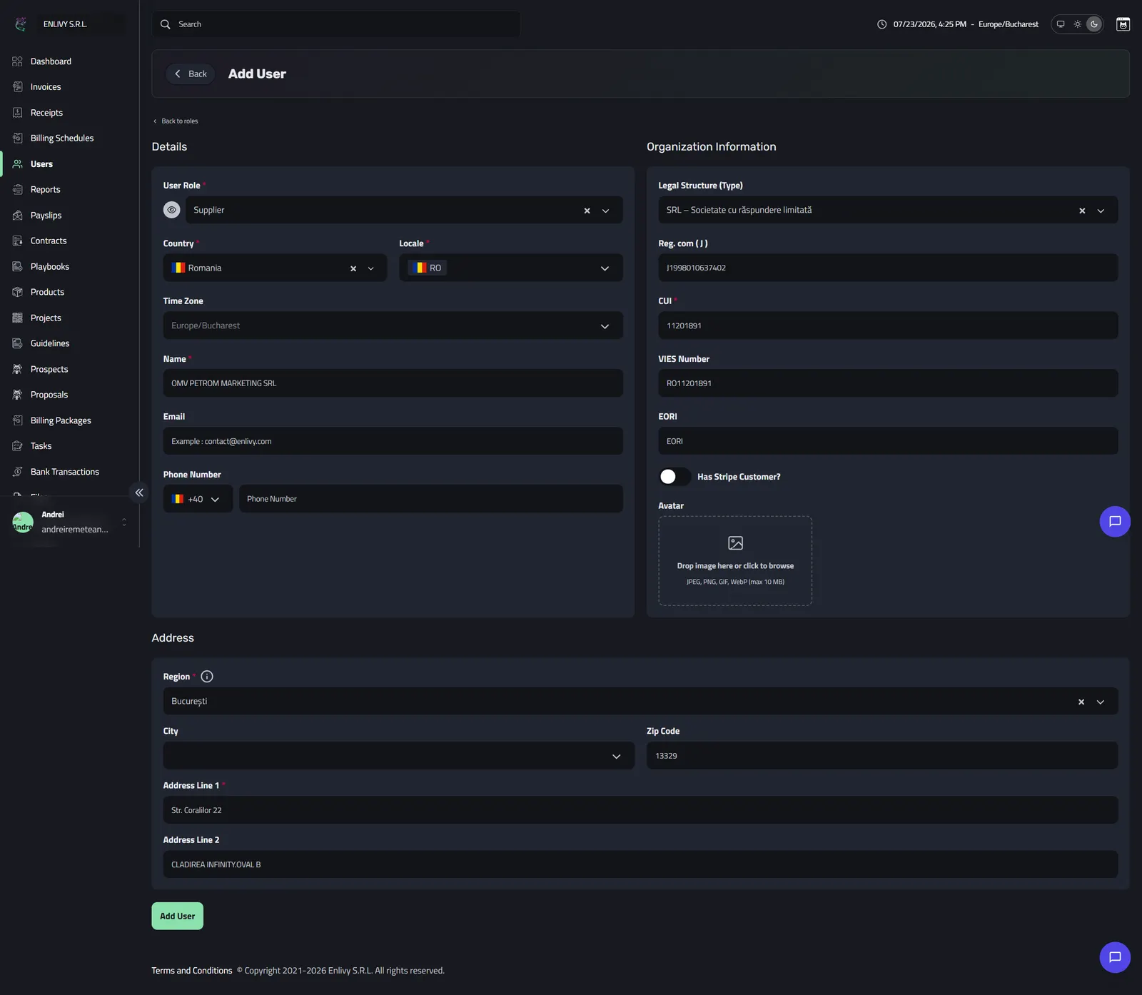 The Add User form after a lookup, with Details, Organization Information and Address sections prefilled from the public registry