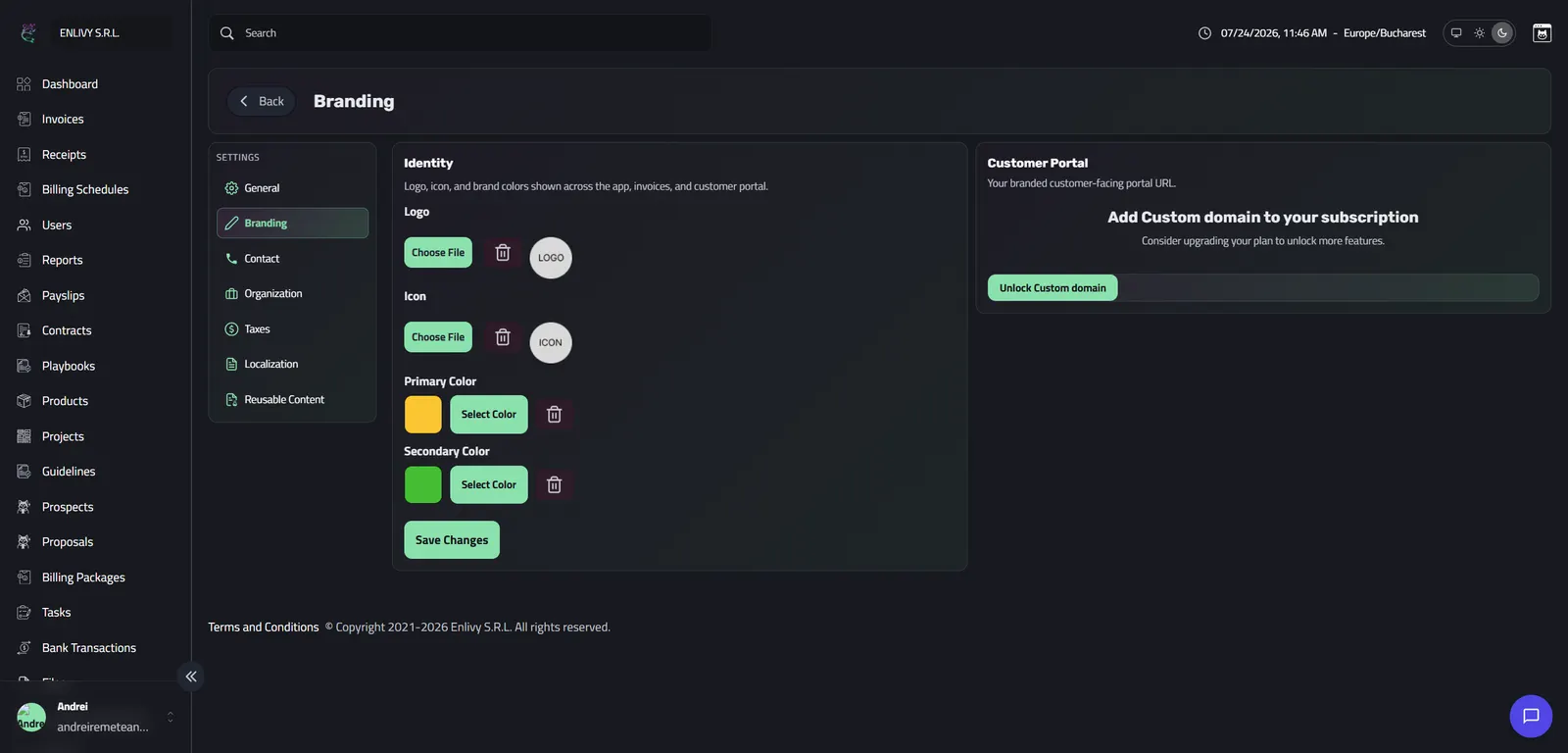 The Branding settings page with a logo and icon uploaded and a yellow primary and green secondary brand color selected