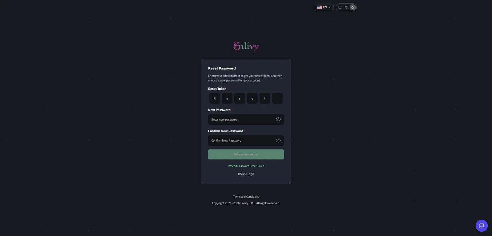 The password reset screen with empty Reset Token, New Password and Confirm New Password fields, plus a Resend Password Reset Token option