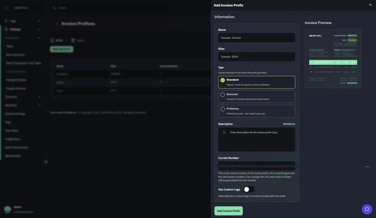 The empty Add Invoice Prefix dialog with the Name, Alias and Type fields on the left and the live Invoice Preview on the right