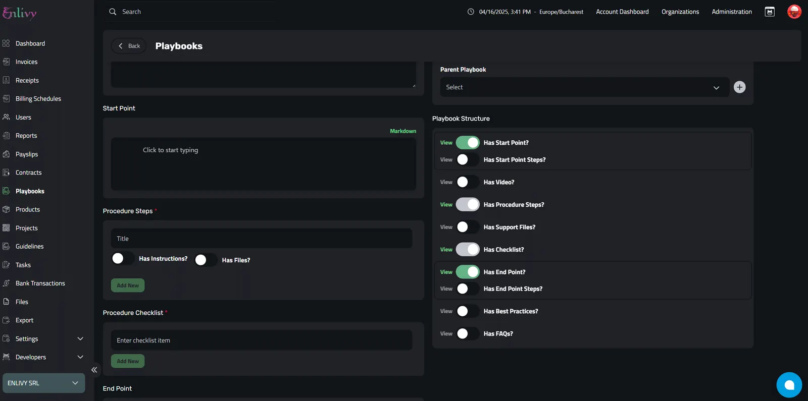 Playbook Structure Options (right side) and editable structure (left side)