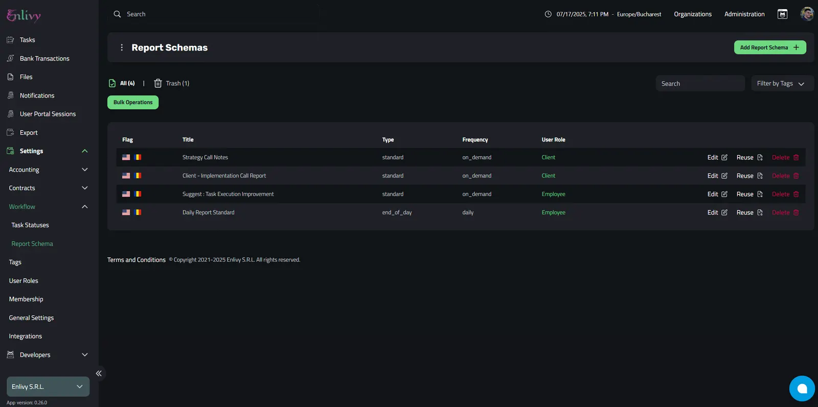 Report Schemas Dashboard in Enlivy