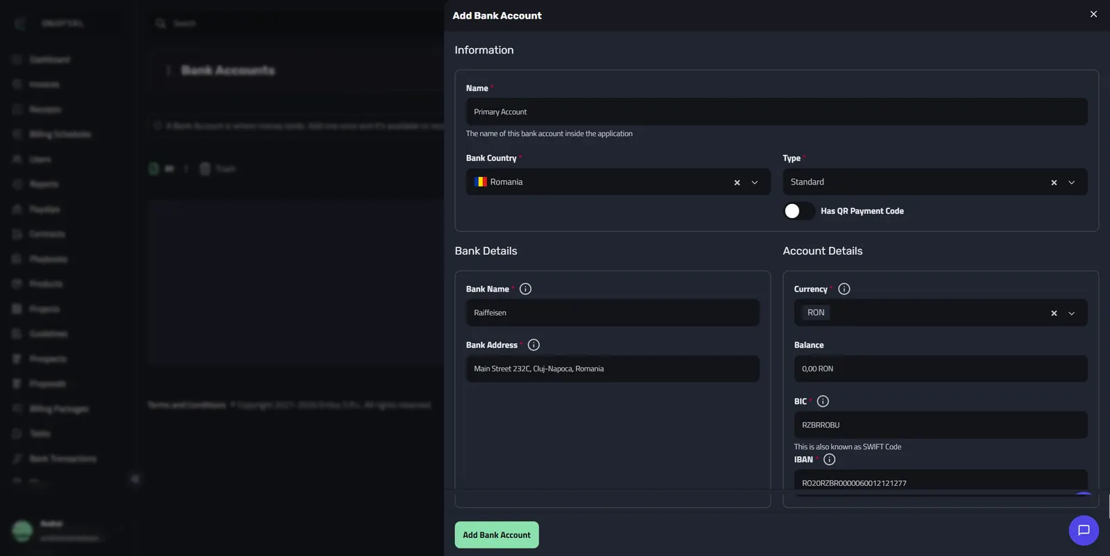 The Add Bank Account dialog filled in with the name Primary Account, country Romania, Standard type, Raiffeisen bank details, RON currency, BIC and IBAN