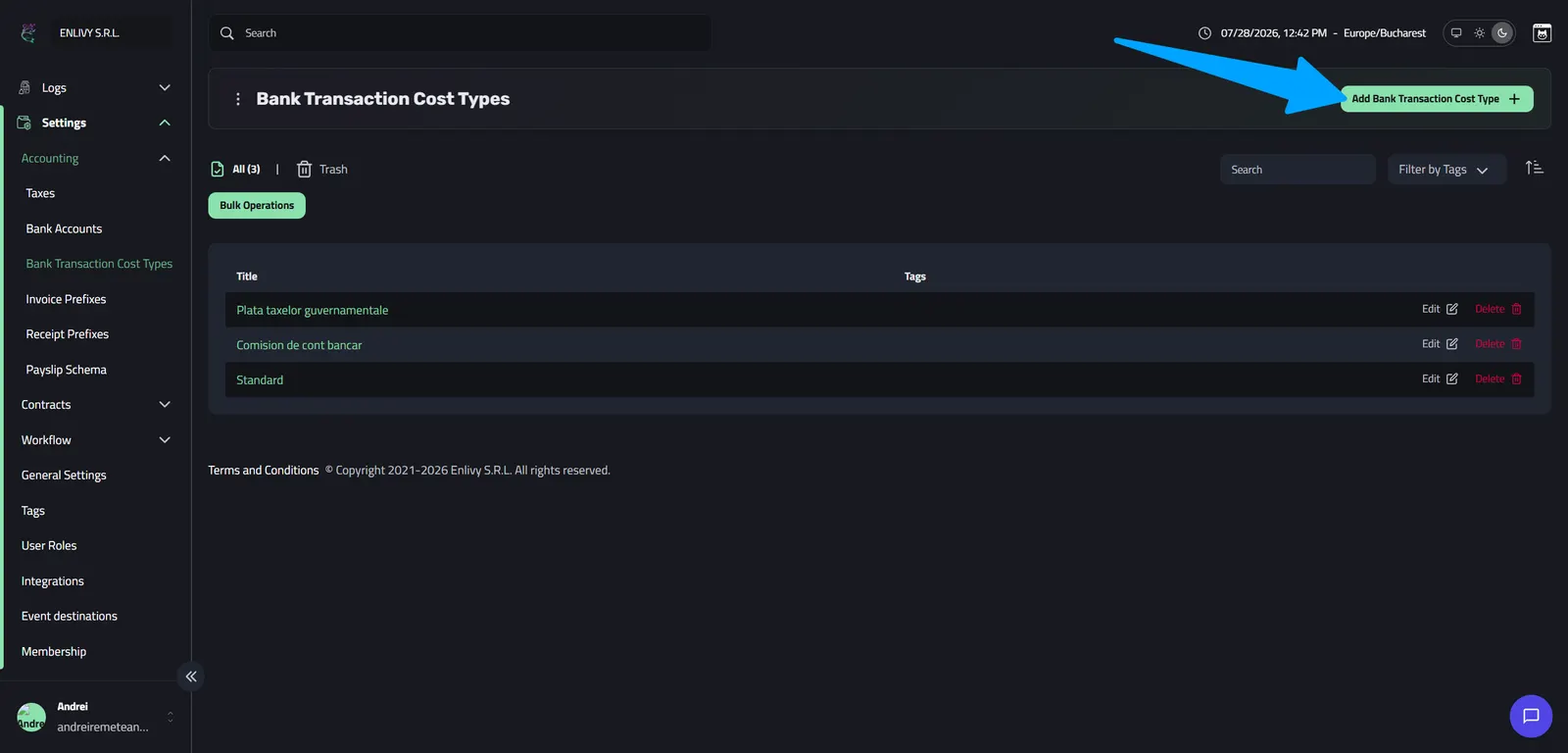 The Bank Transaction Cost Types dashboard listing existing cost types, with the Add Bank Transaction Cost Type button in the upper-right corner