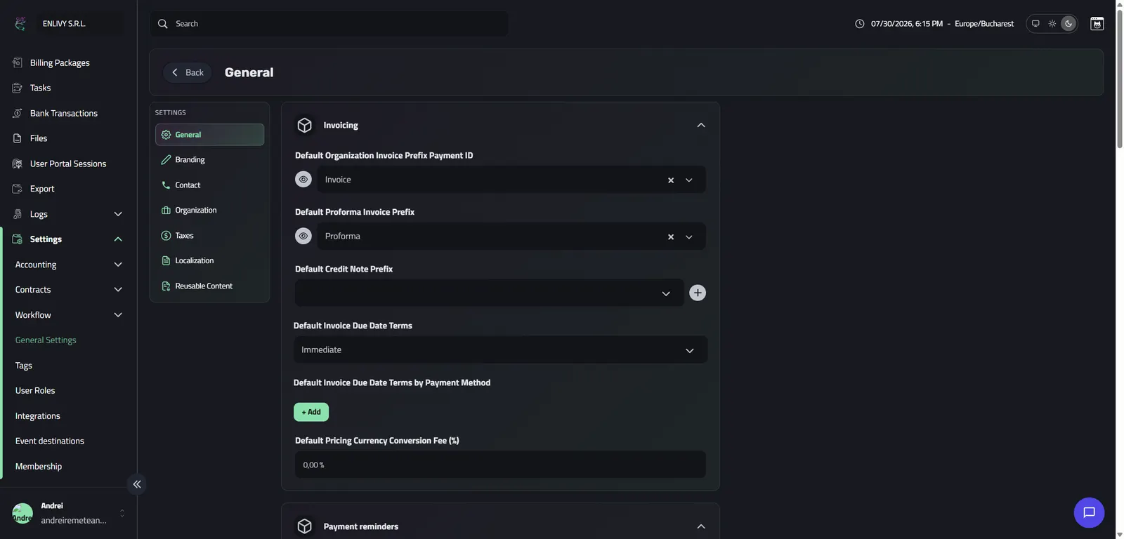 The General Settings page in Enlivy with the Invoicing group expanded, showing the default invoice, proforma and credit note prefixes, due date terms and currency conversion fee