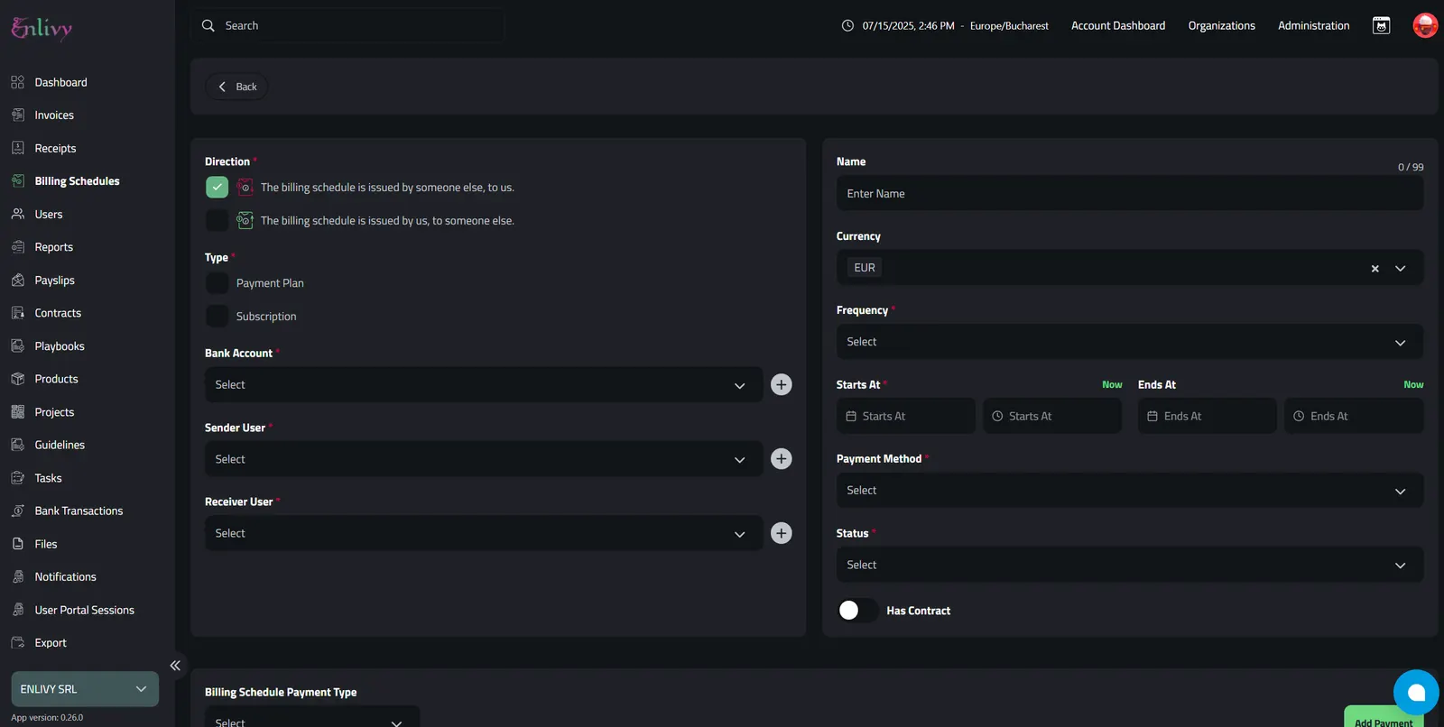 Fields when adding a new billing schedule in Enlivy