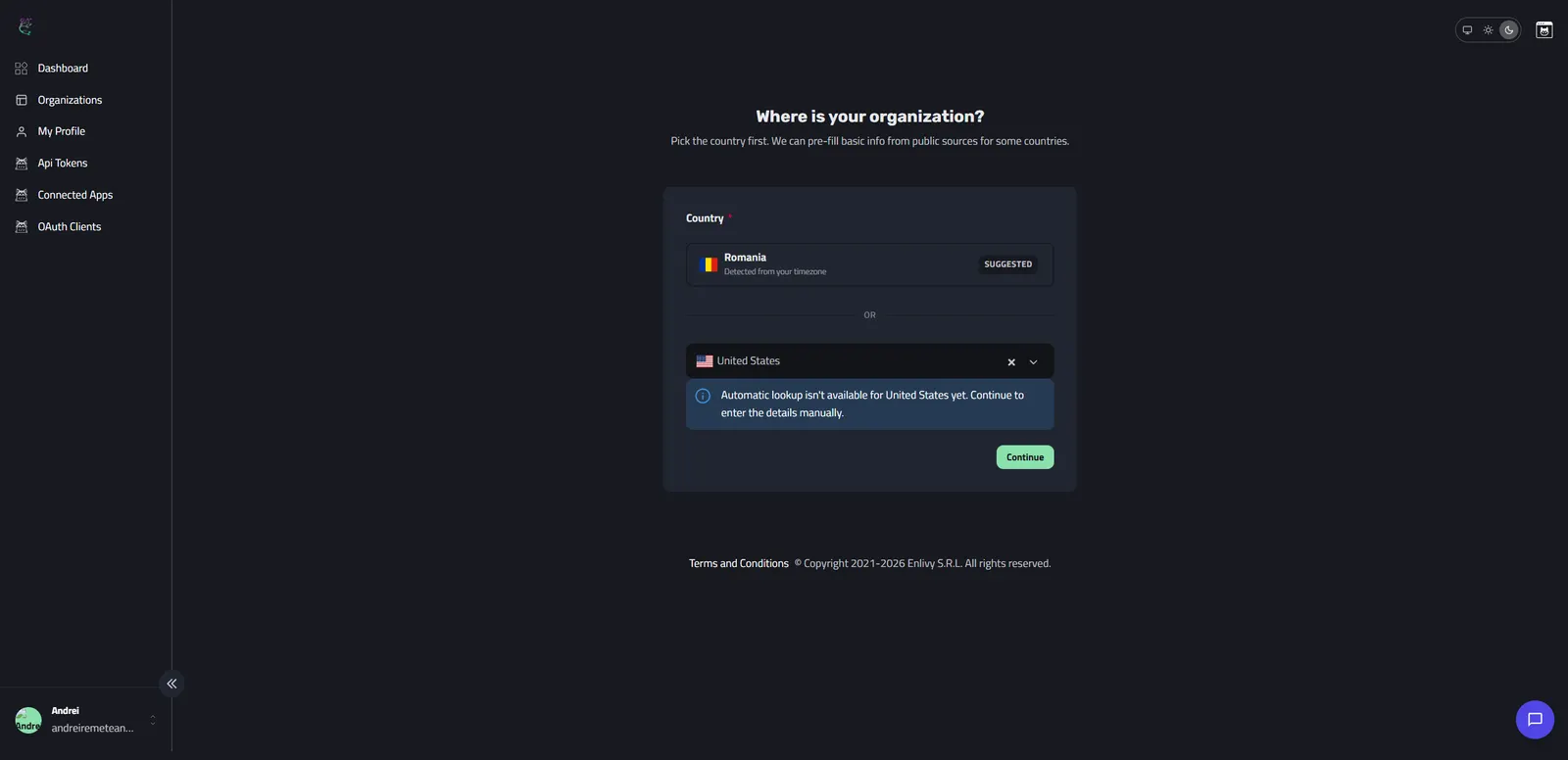 The country selection step of organization setup for countries without automatic lookup