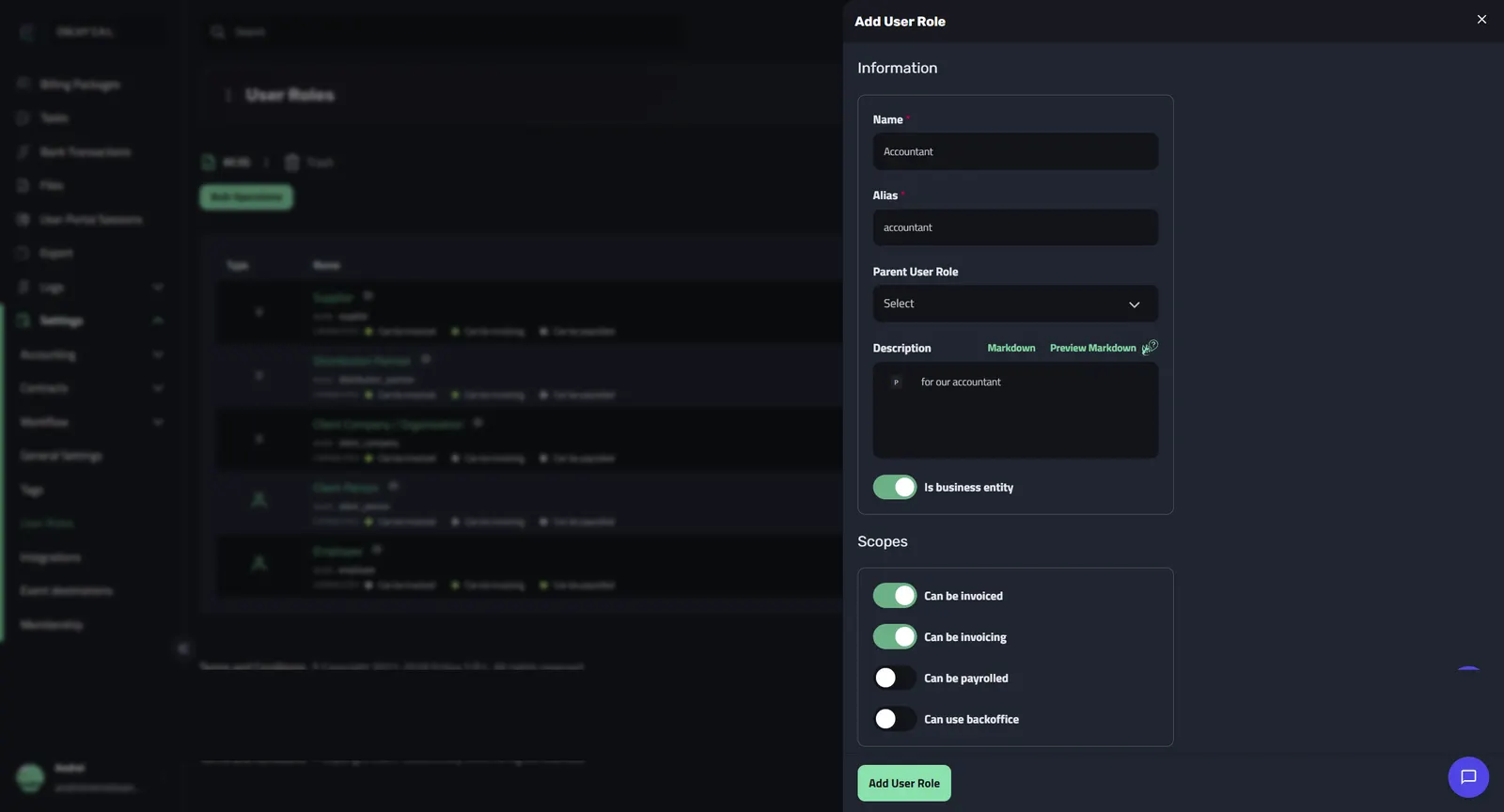 The Add User Role dialog filled in for an Accountant role with the alias accountant, Is business entity enabled, and the invoiced and invoicing scopes turned on