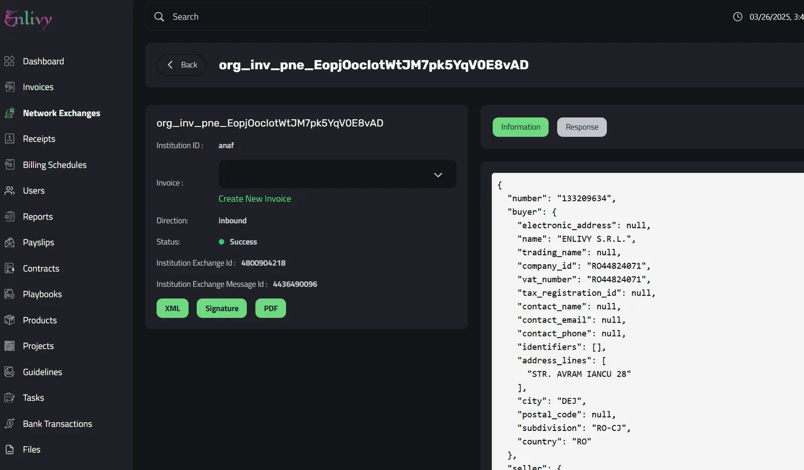 How the eFactura Invoice appears in Enlivy, xml details are in the right side
