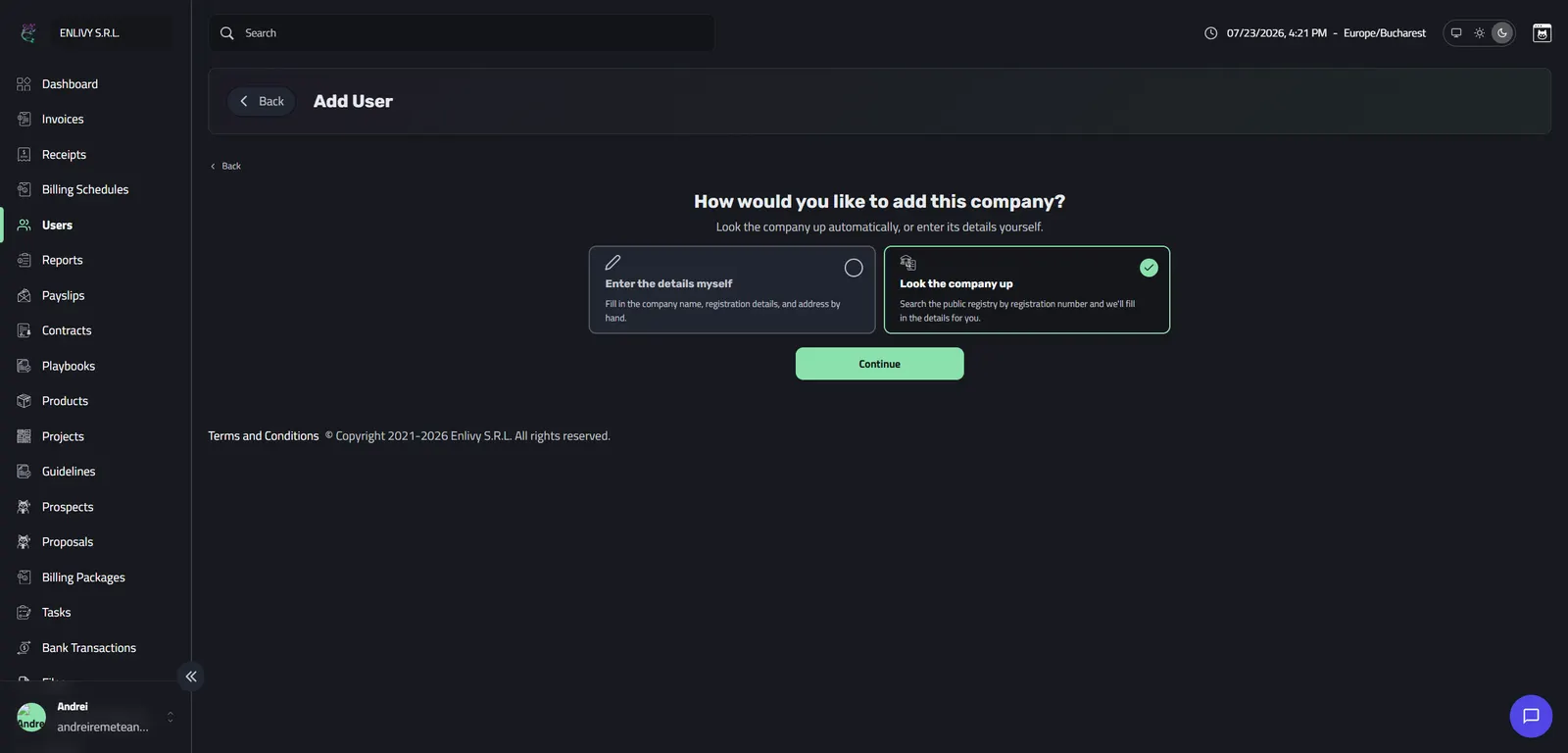 The Add User step offering to look the company up automatically or enter the details manually