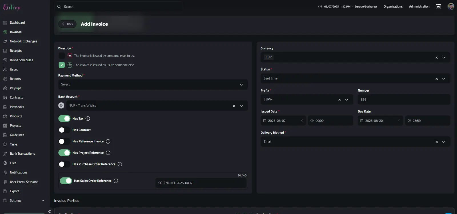Creating an invoice in Enlivy, while using a Purchase Sales Order Reference