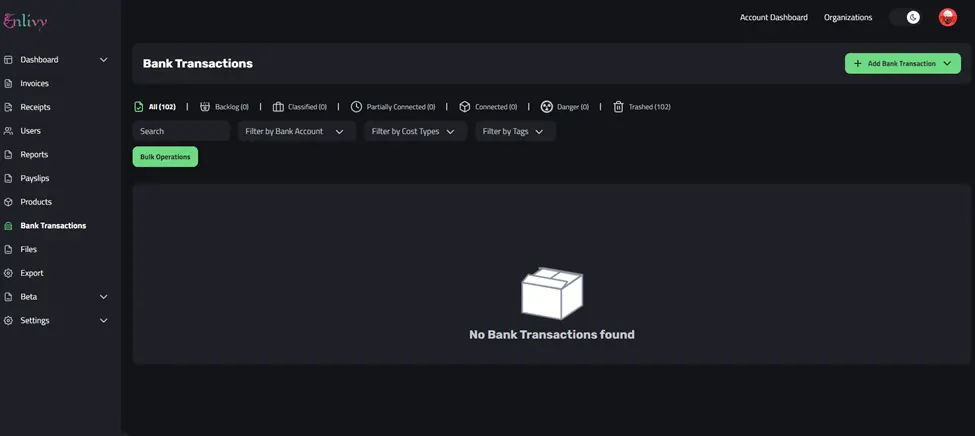 The Bank Transactions tab in the Enlivy app