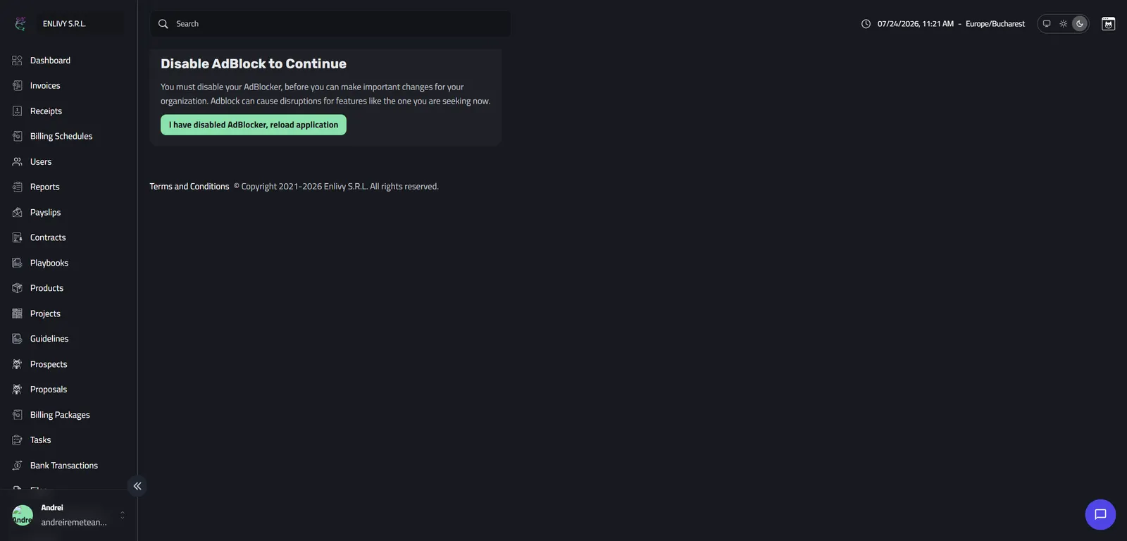 The Disable AdBlock to Continue warning in Enlivy with a button reading I have disabled AdBlocker, reload application