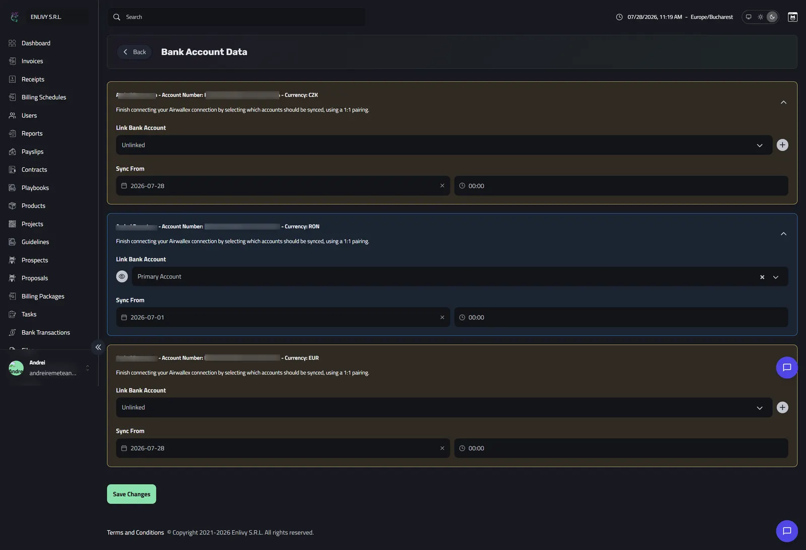 The Bank Account Data pairing screen with one currency account linked to Primary Account and a Sync From date set, while the others stay Unlinked
