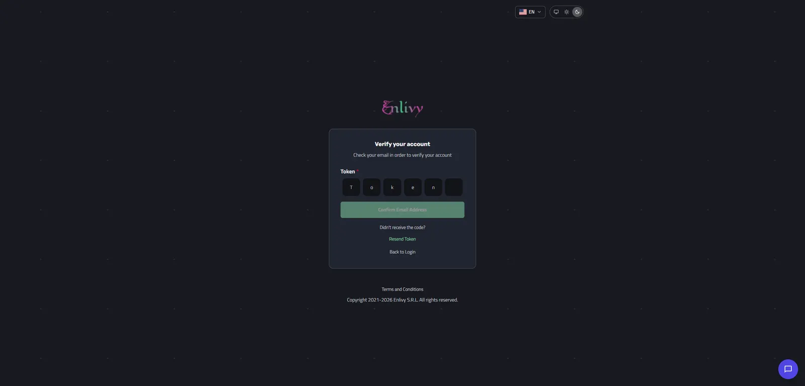 The Enlivy email verification screen asking for the verification token sent by email