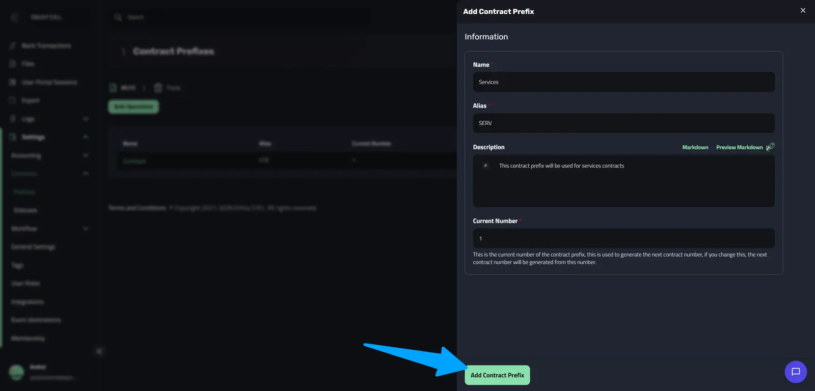 The Add Contract Prefix dialog filled in with the name Services, alias SERV, a description and current number 1, with the Add Contract Prefix button highlighted