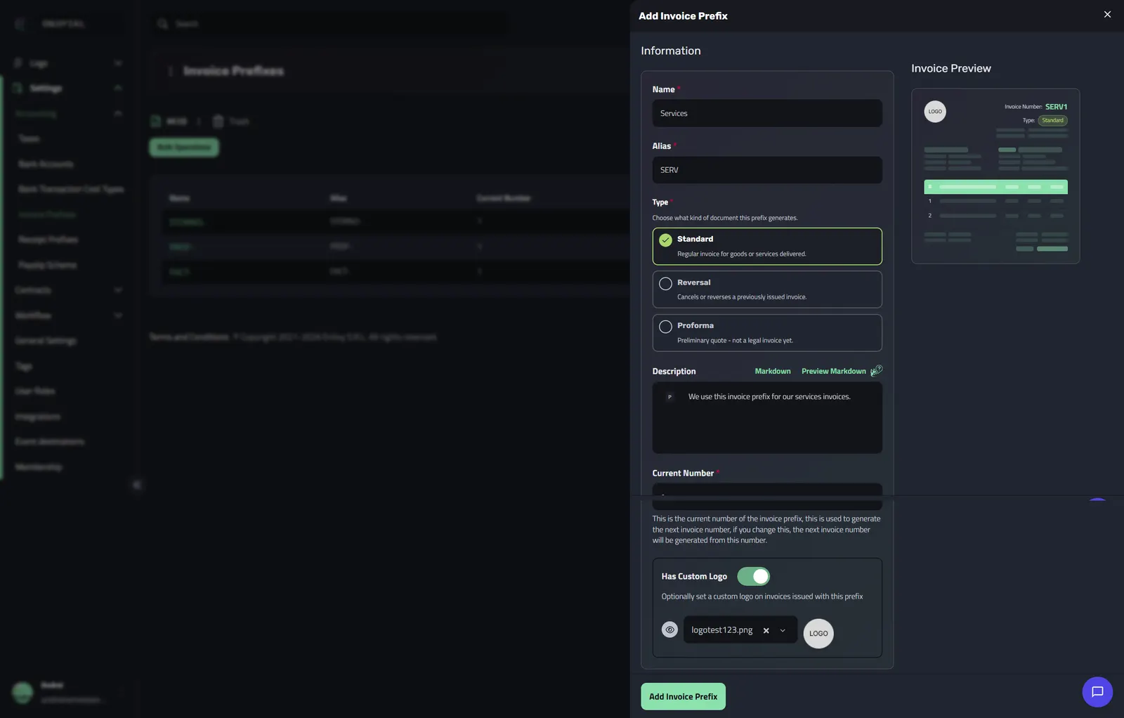 The Add Invoice Prefix dialog filled in with the name Services, alias SERV, the Standard type and a custom logo enabled, with the preview showing invoice number SERV1