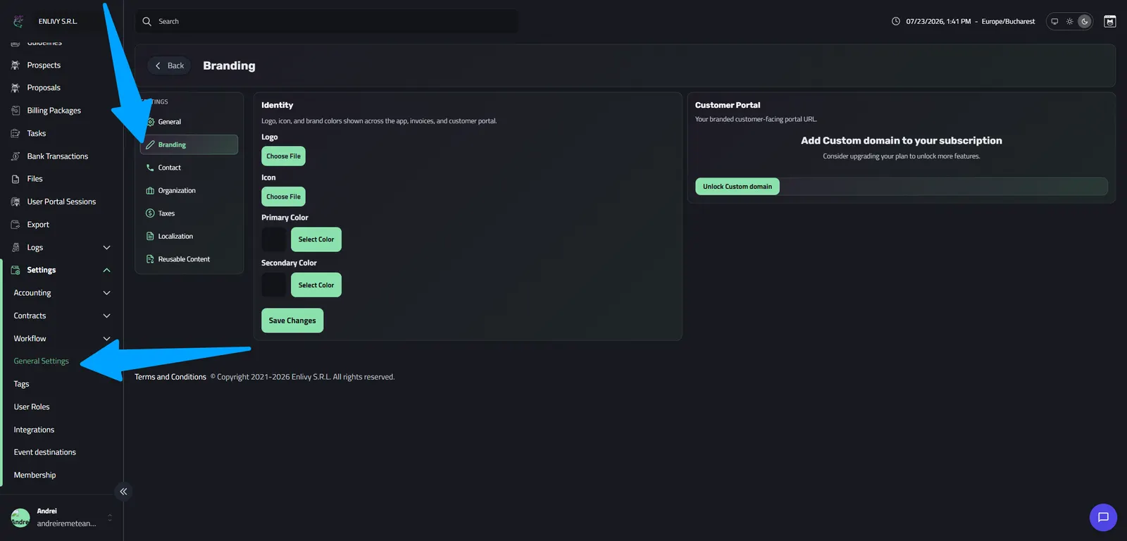 The Branding settings page in Enlivy with empty Logo and Icon uploads, the Primary and Secondary Color pickers, and the Customer Portal panel on the right