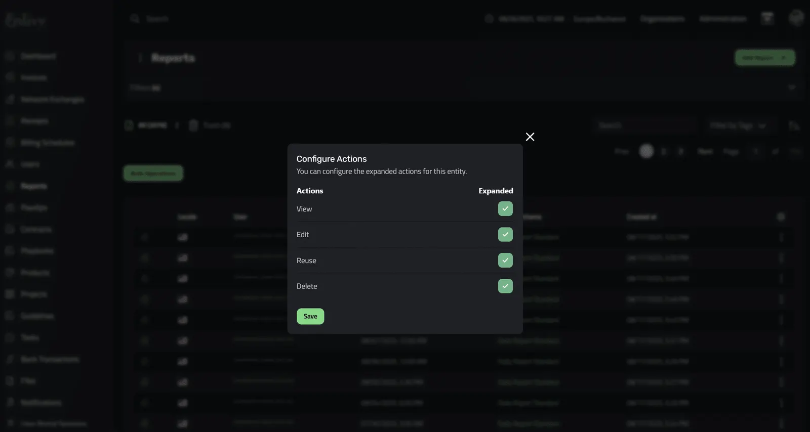 Selcting the Actions that we want to be expanded for the Reports Dashboard