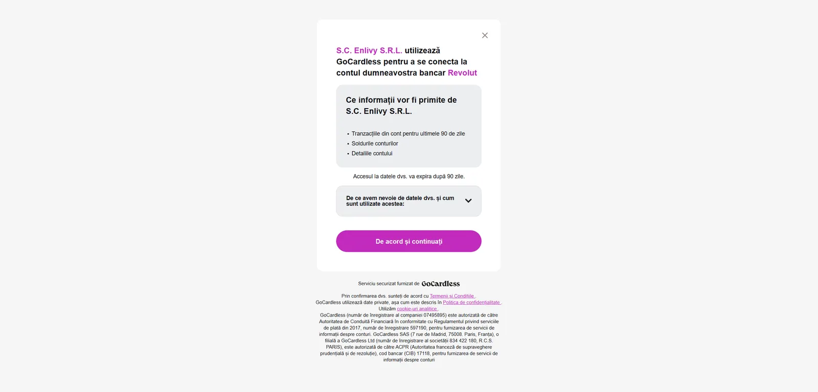 The GoCardless consent screen listing the data Enlivy will receive — account transactions, balances and account details — above an Agree and Continue button