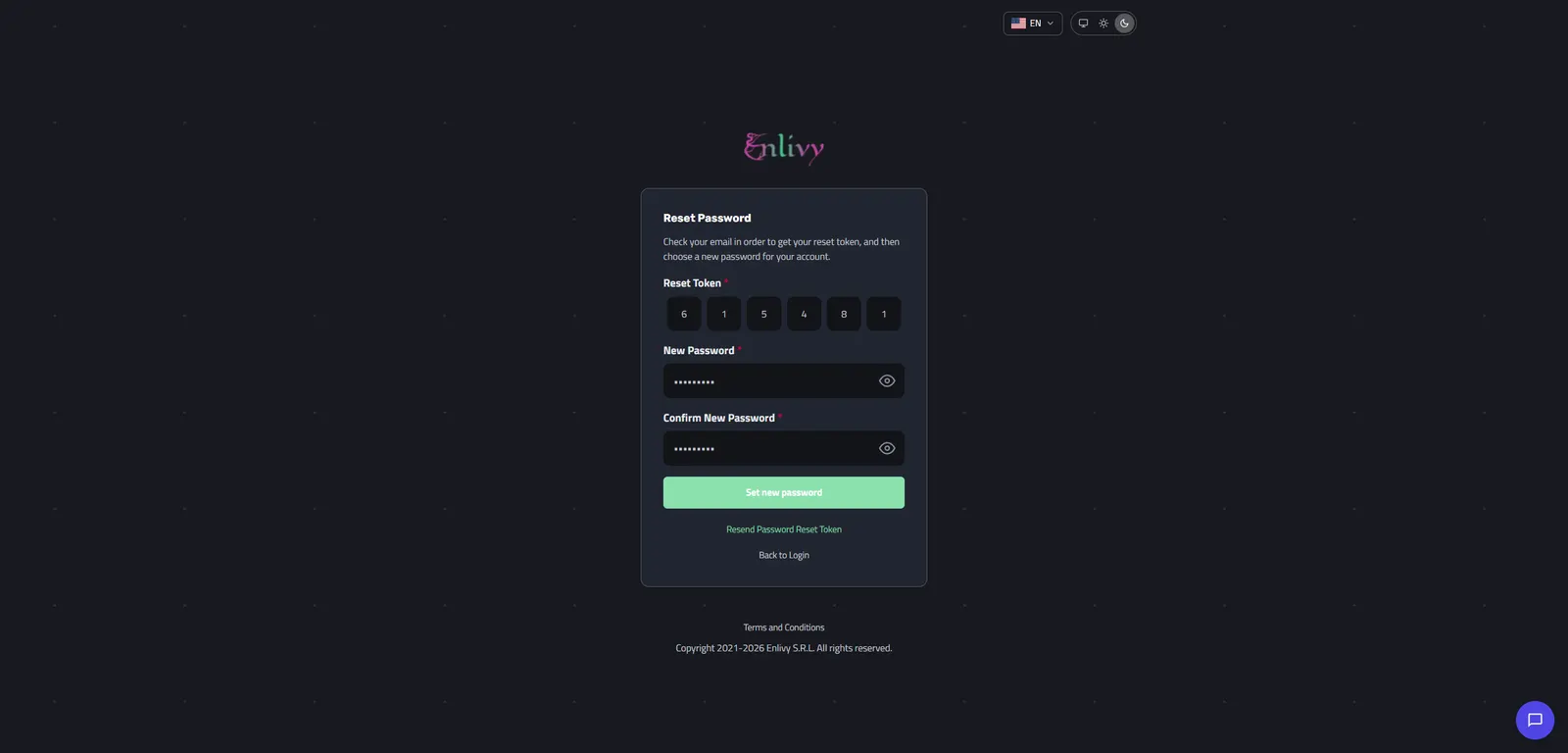 The password reset form completed with a reset token and a new password entered twice