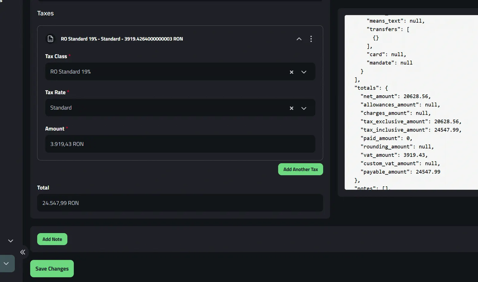 The Taxes fields and the subtotal when adding the invoice