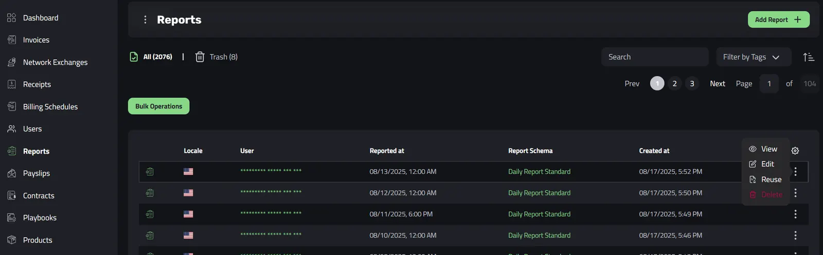 Multiple actions appear when clicking the ⋮ menu in the right side of a report