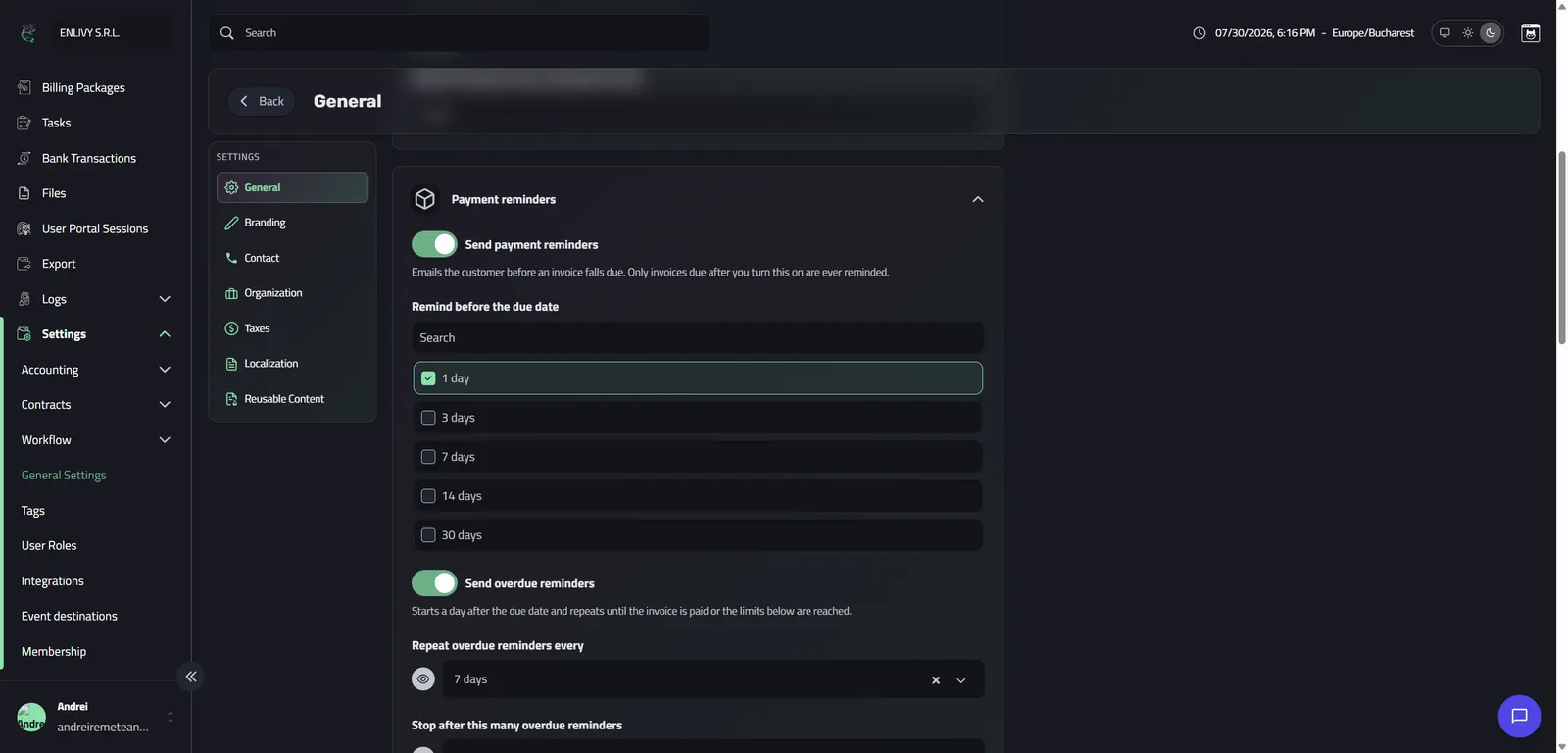 The Payment reminders group with Send payment reminders enabled, 1 day checked under Remind before the due date, and overdue reminders repeating every 7 days