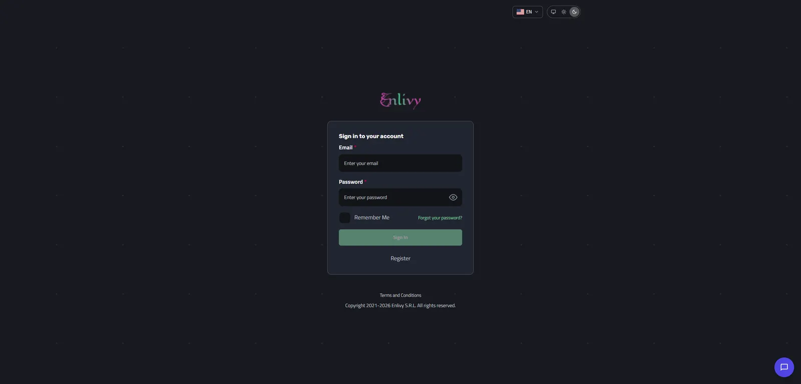 The Enlivy sign-in page with the Forgot your password link below the login fields