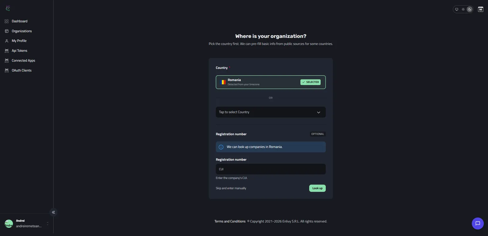 The organization setup step asking for the country of registration, with Romania detected and a field for the company CUI
