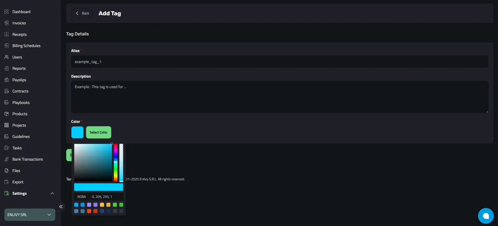 Tag Creation Window with Fields: Alias, Description, and Color Selection