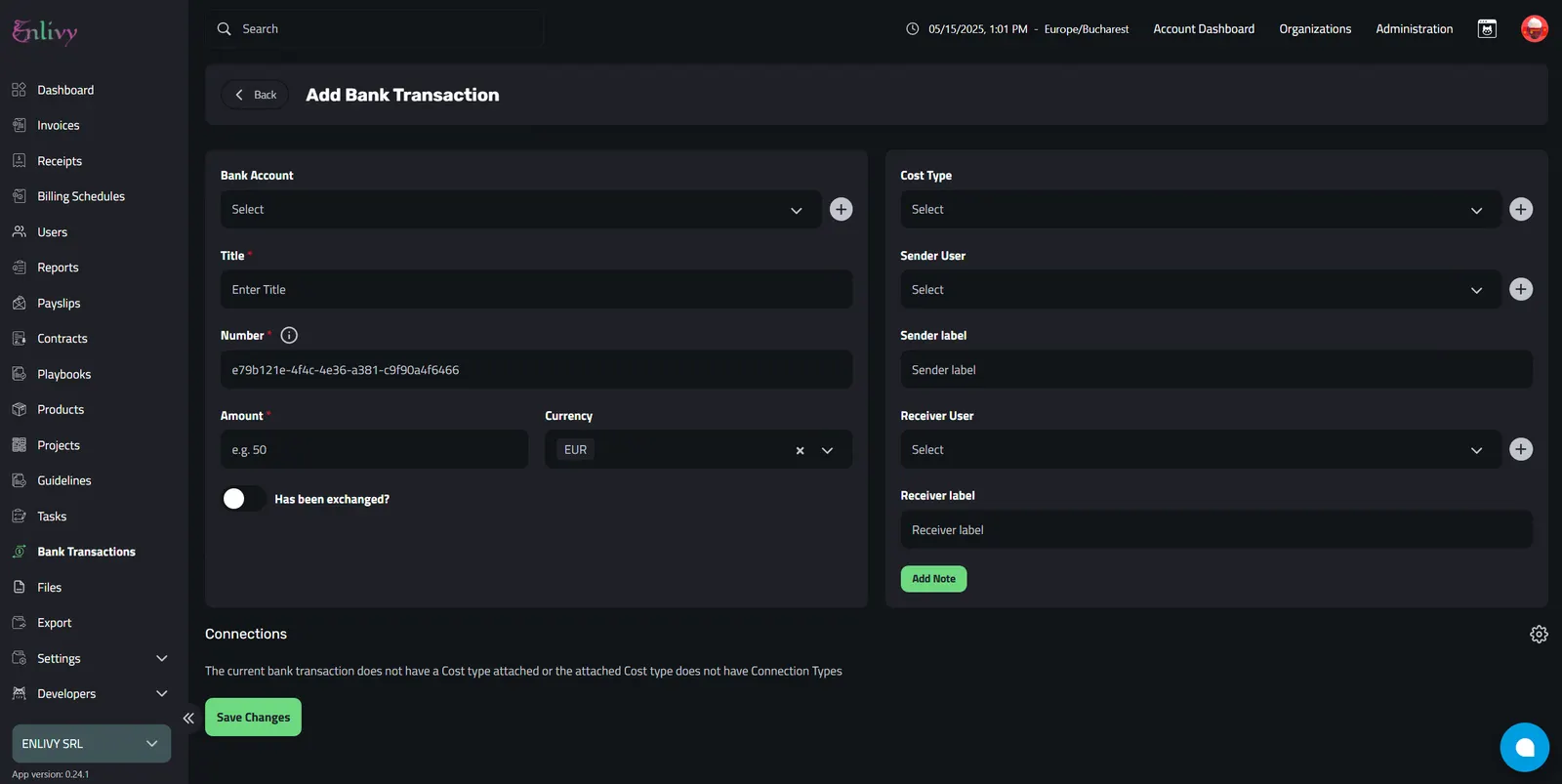 Fields when manually adding a new bank transaction in Enlivy.