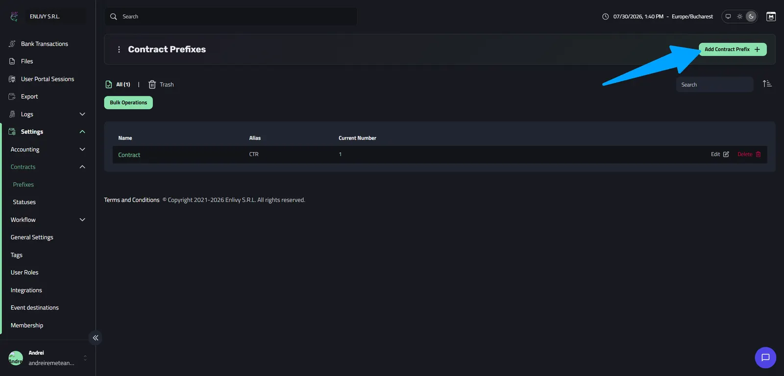The Contract Prefixes dashboard with the Add Contract Prefix button in the upper-right corner