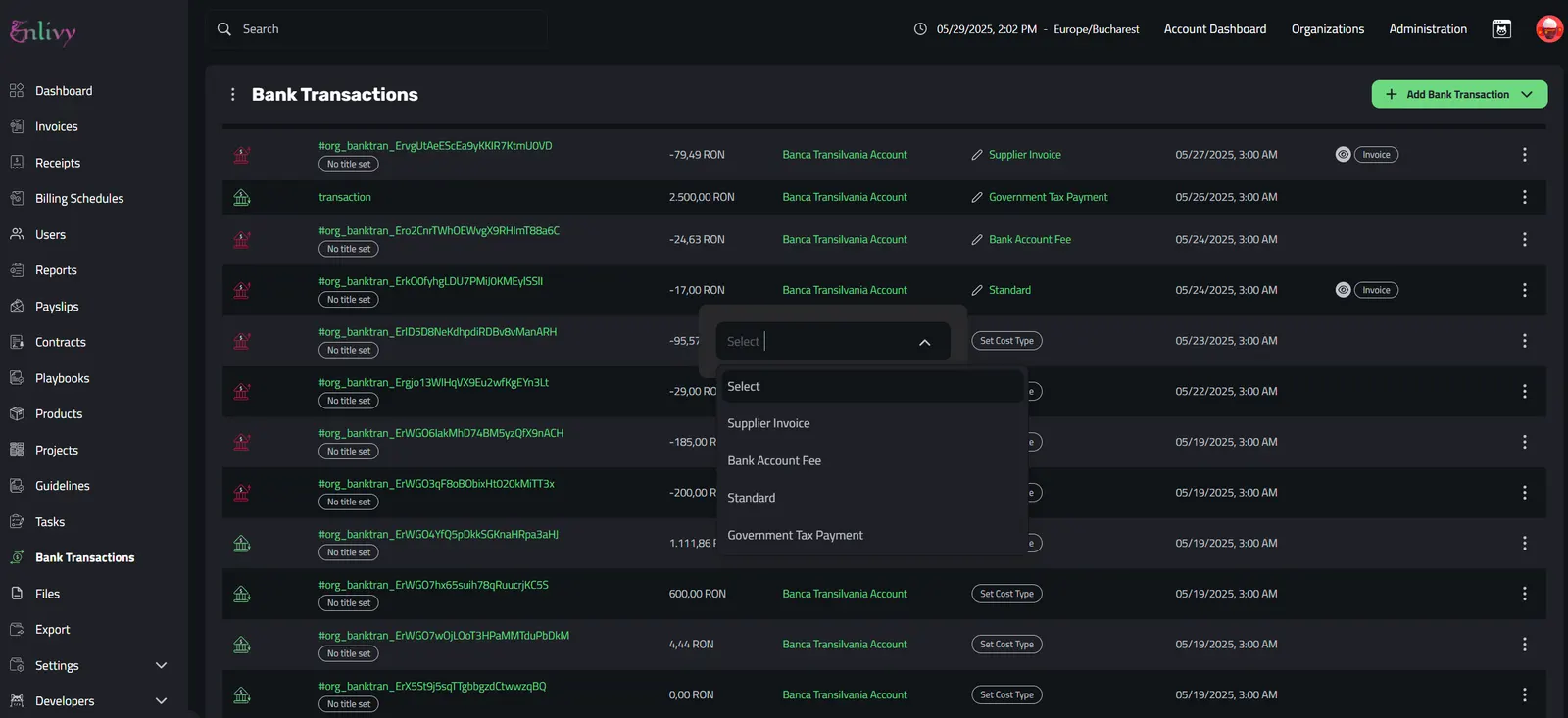 Setting the Cost Type of a Transaction.