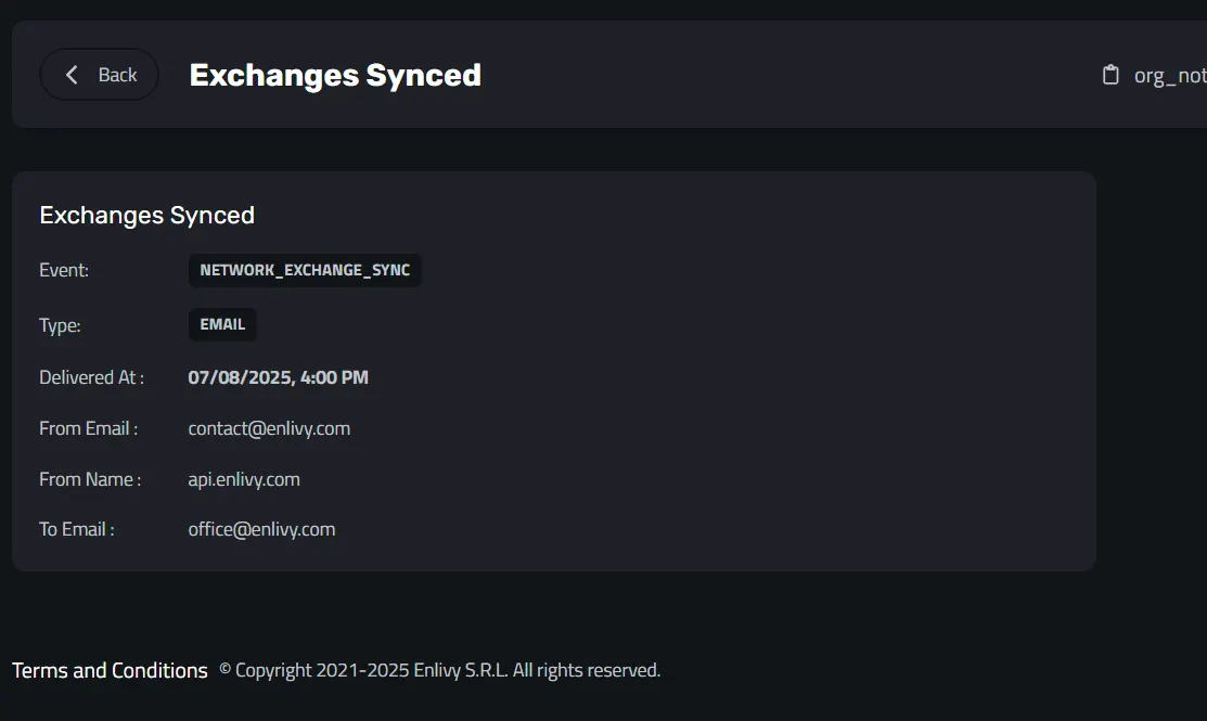 Example of Exchanges Notification Synced in Enlivy