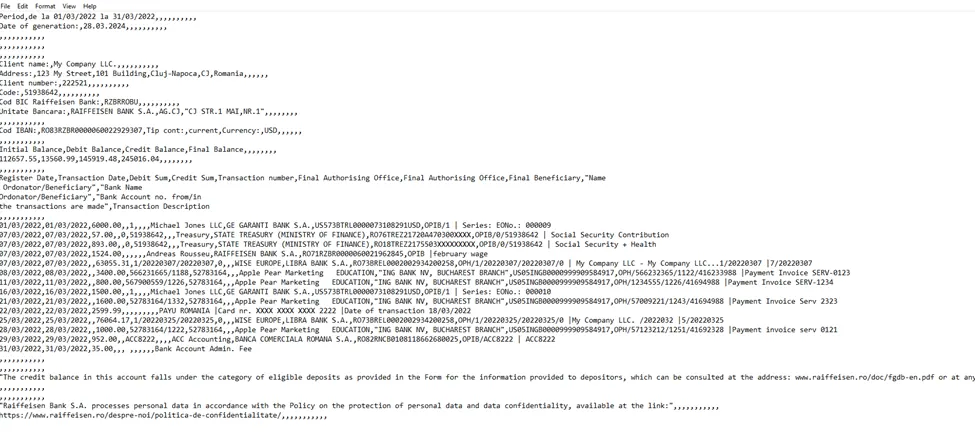 The same bank statement CSV file opened in a plain text editor