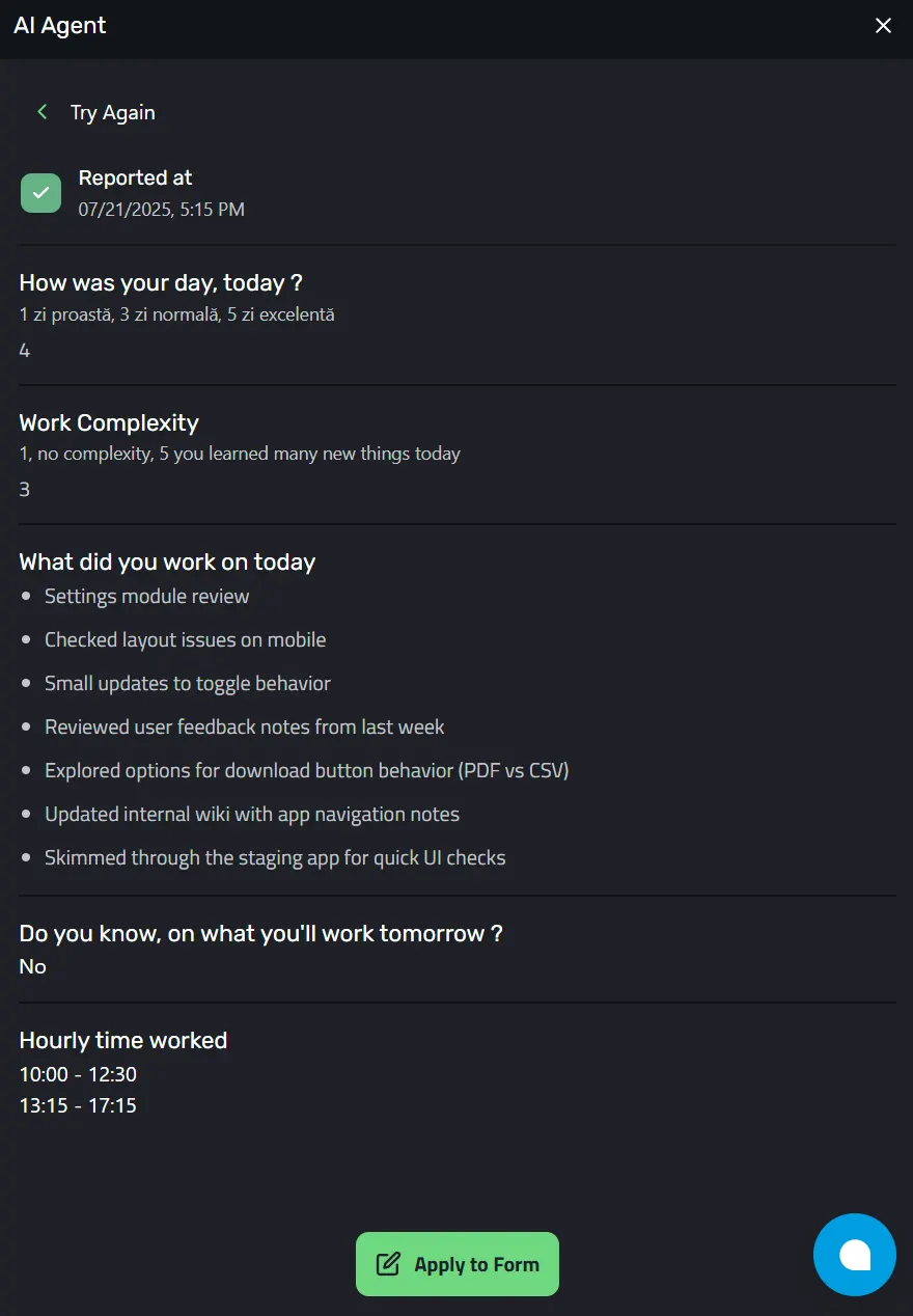 Information structured by the AI agent, ready to be applied to the report form