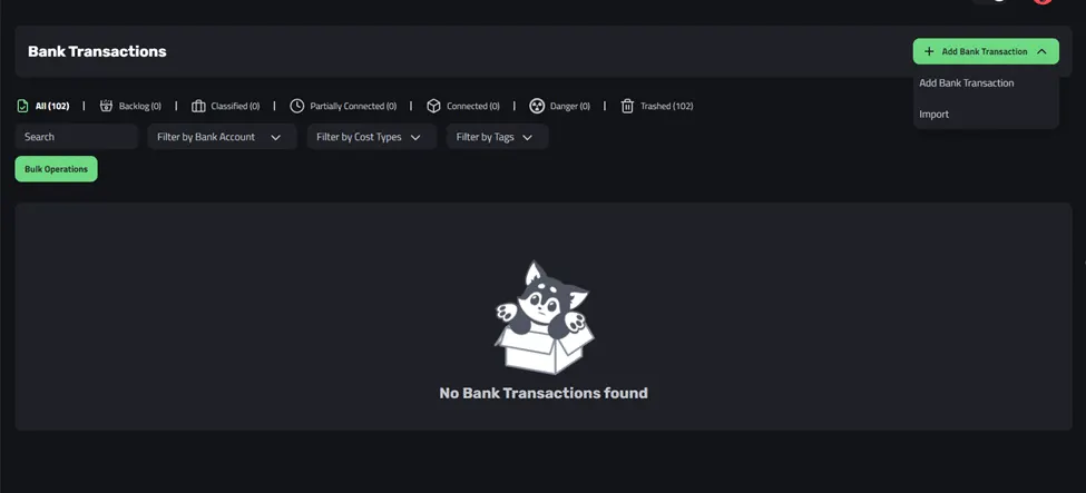 The Add Bank Transaction menu with the Import option in Enlivy